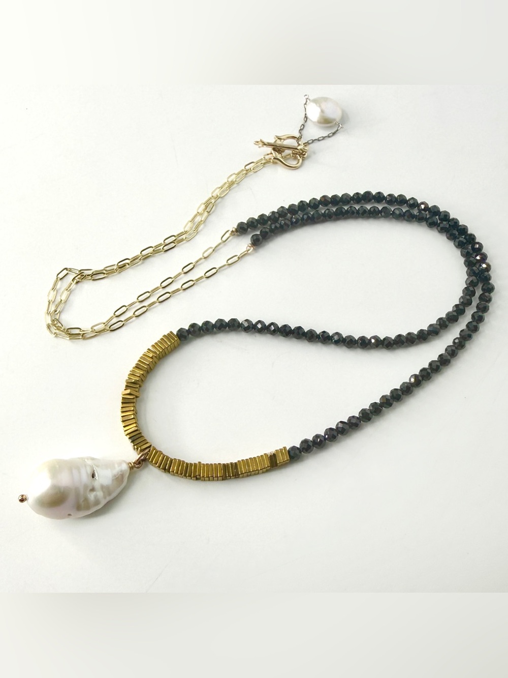 Long Black Gemstone Necklace, Wrap Necklace, White Baroque Pearl Pendant